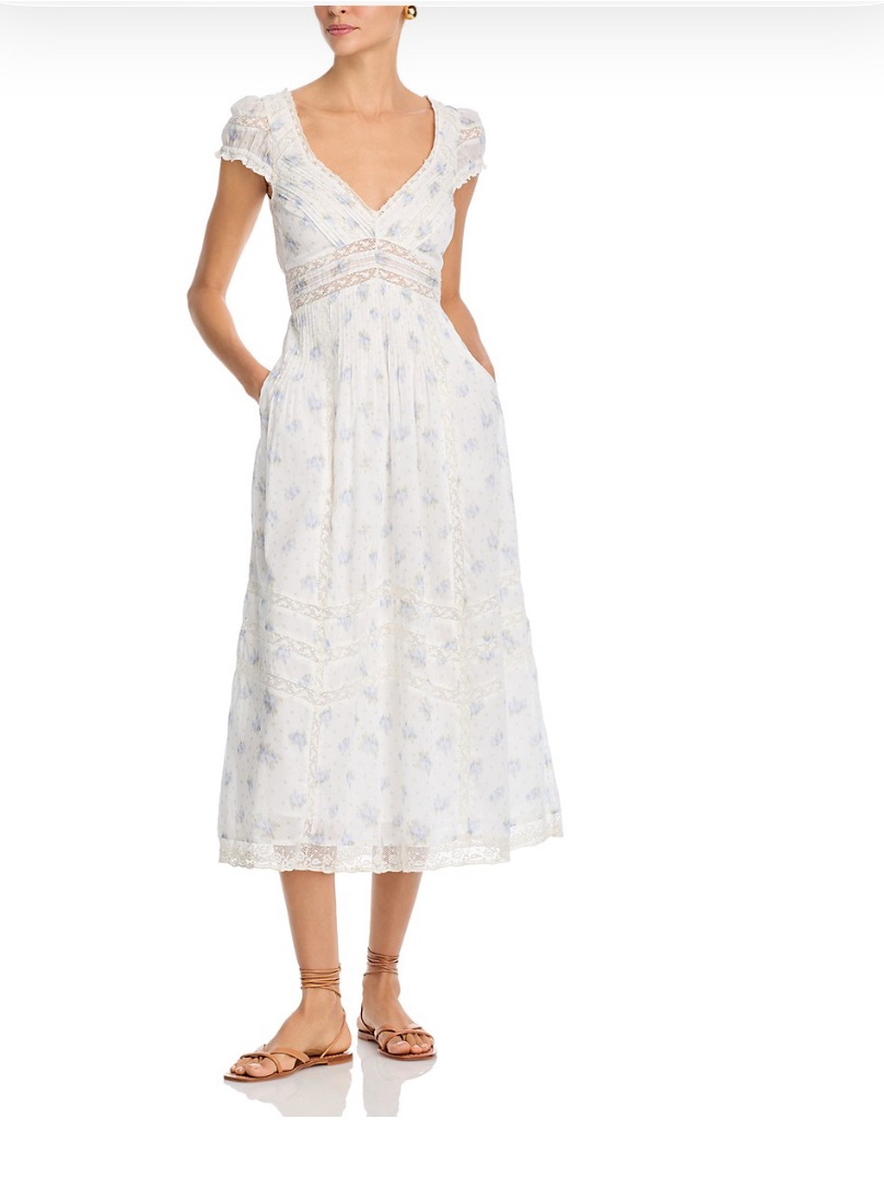 Loveshackfancy Women’s Suvi White & Blue Floral Lace-Trim Midi Dress -Small